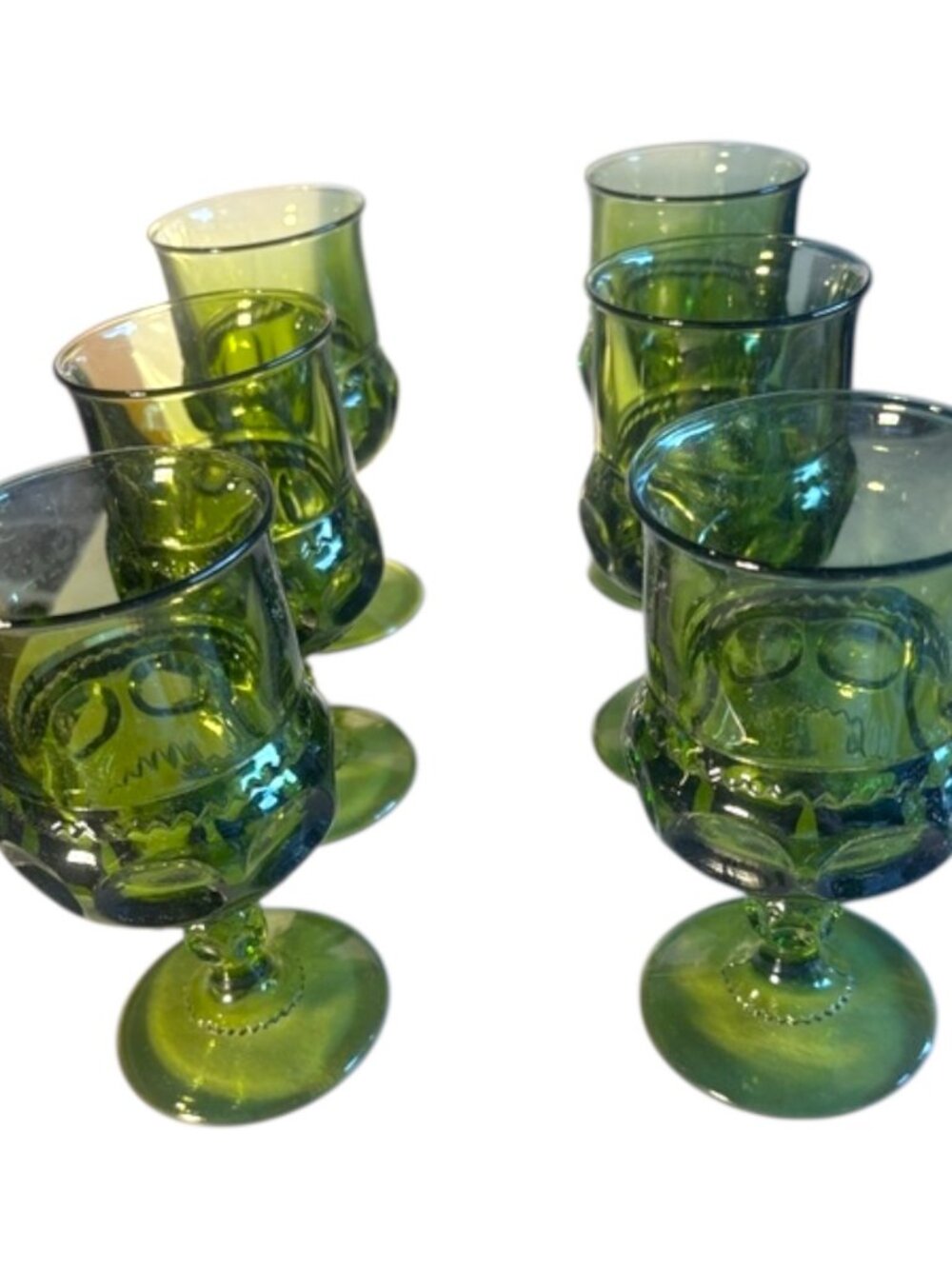 Vintage Set of 6 Indiana Glass King Crown Avocado Green Water Goblets 5.5”